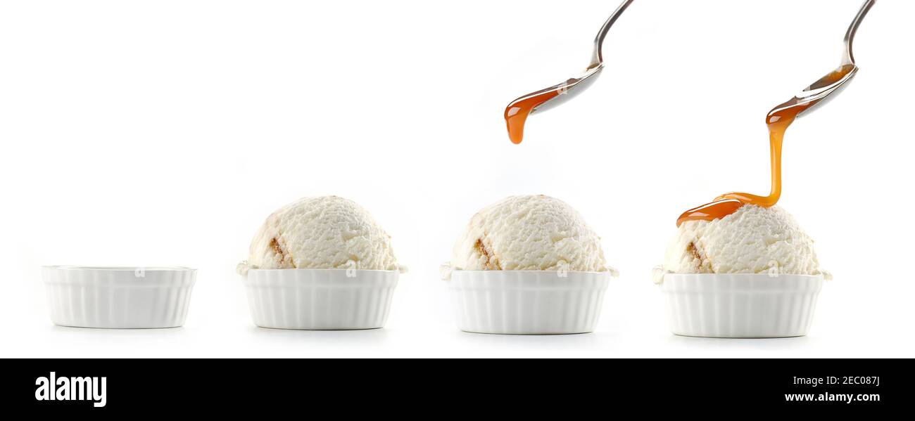 ice cream with caramel sauce isolated on white background Stock Photo ...