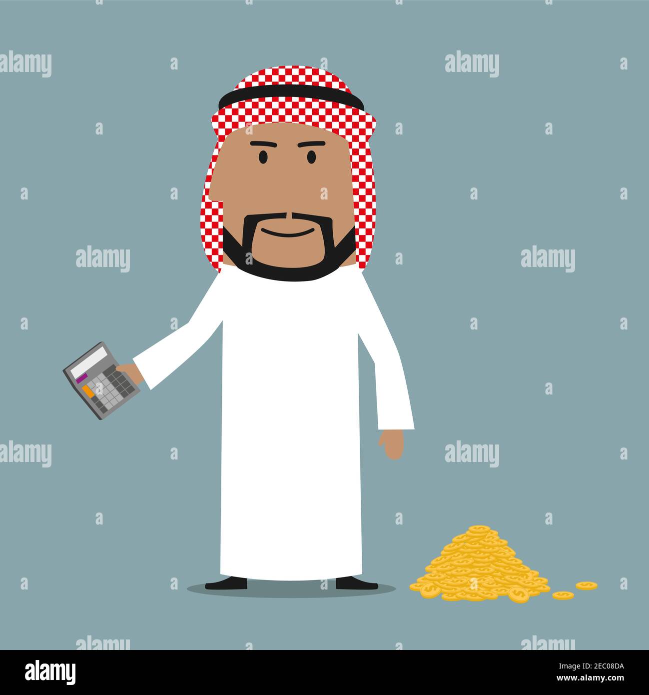 Satisfied happy rich arab businessman using calculator to count his wealth. Business concept of success, wealth, richness, abundance and financial gro Stock Vector