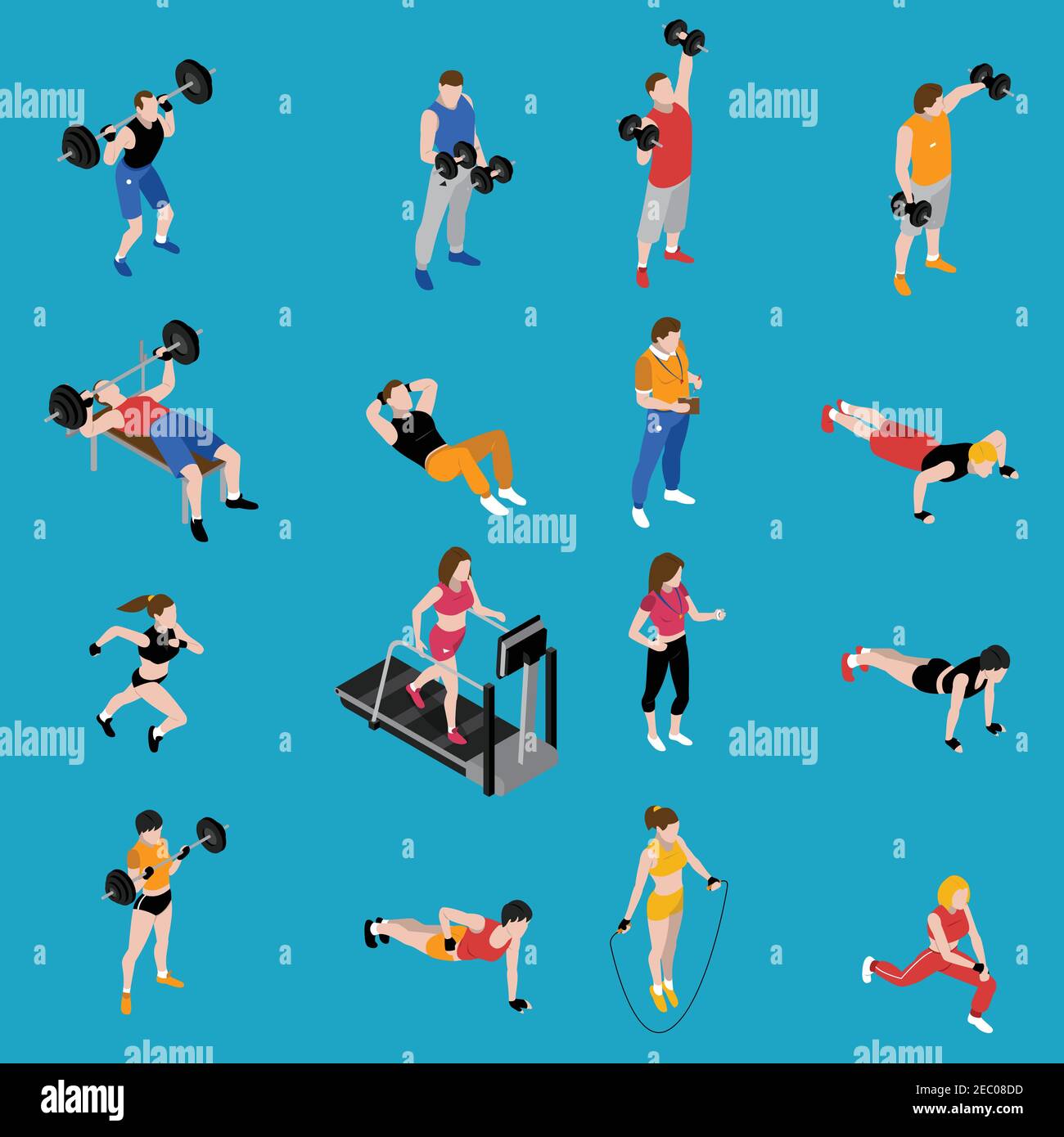 Gym and training isometric icons set on blue background isolated vector ...