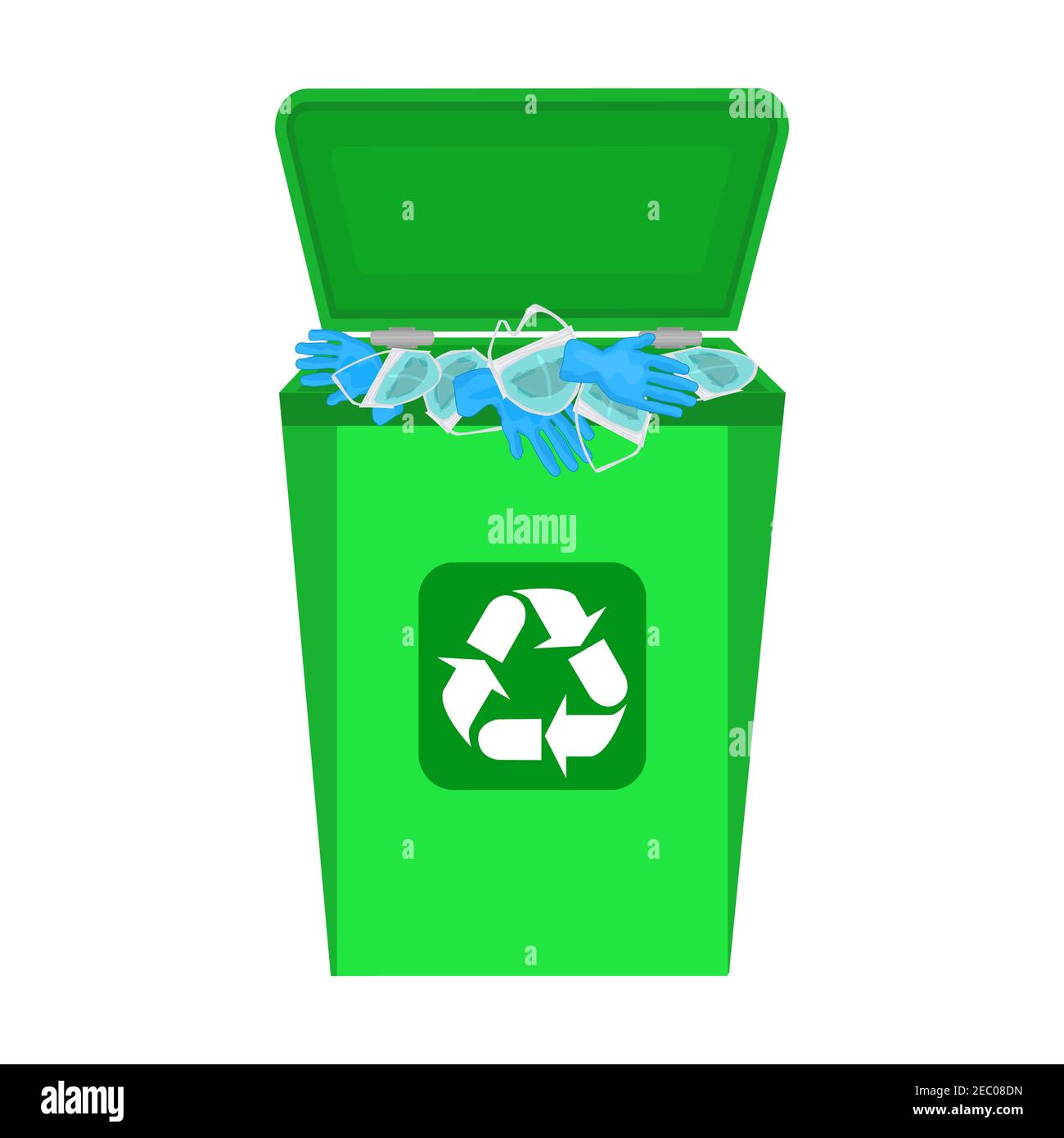 Used face mask and latex glove in waste trash bin isolated on white.End