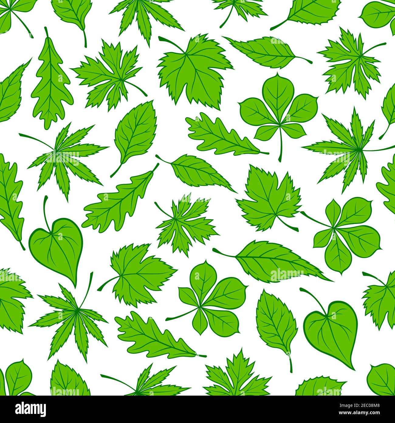 Green tree leaves seamless pattern with oak, maple and birch foliage elements Stock Vector
