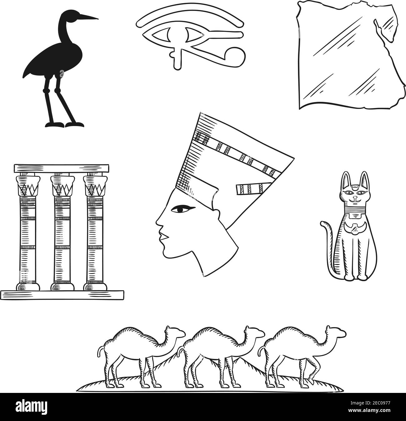 Ancient Egypt sketch icons with queen Nefertiti, cat goddess and sacred heron Bennu, eye of horus symbol and temple columns, map, caravan of camels an Stock Vector