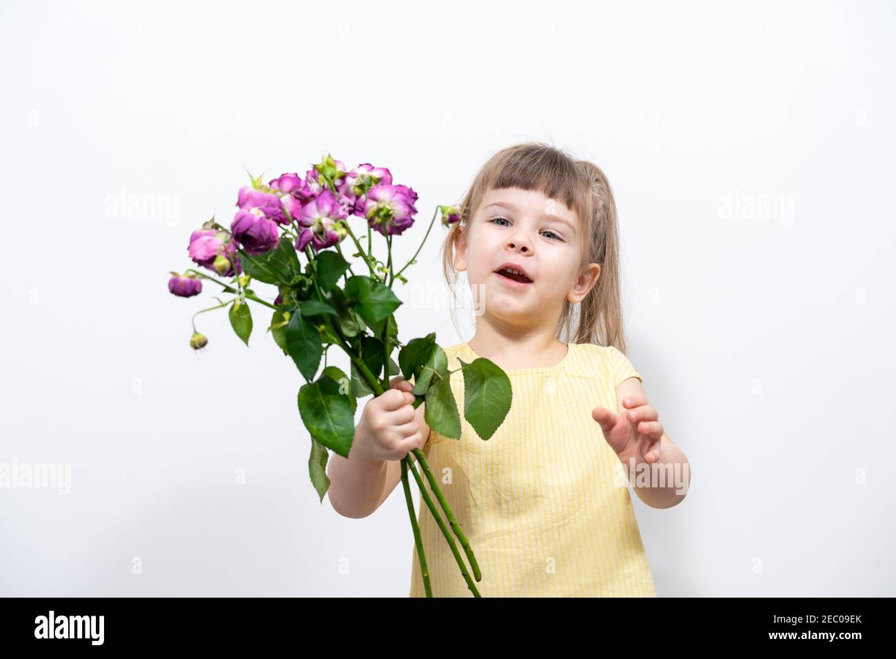 cute little girl with a bouquet of withered roses Stock Photo - Alamy