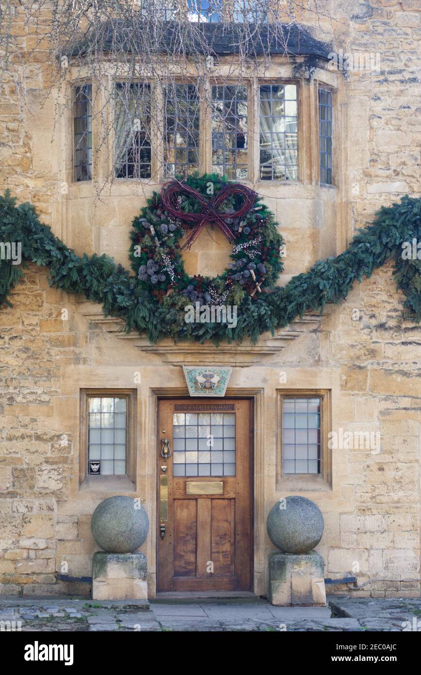 House decorated for Christmas in chipping campden,  the cotswolds. Stock Photo