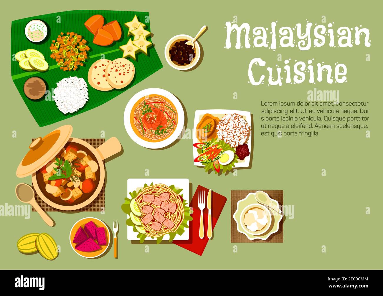 Malaysian cuisine with nasi lemak rice and prawn noodle, tofu noodle with curry, pork stew with mushrooms and tofu, passion fruit and carambola, mango Stock Vector