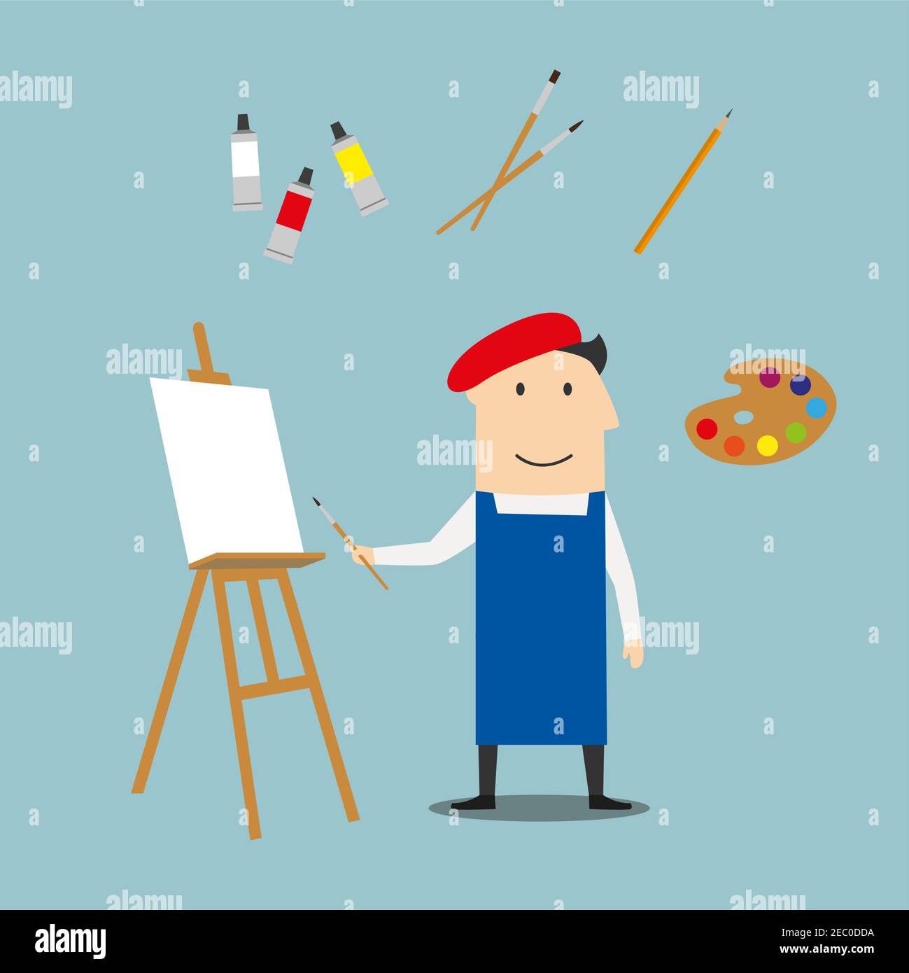 Artist profession concept with craftsman in french red beret and neckerchief, paint tubes and paint brushes, pencils, sketchbook and palette, easel an Stock Vector