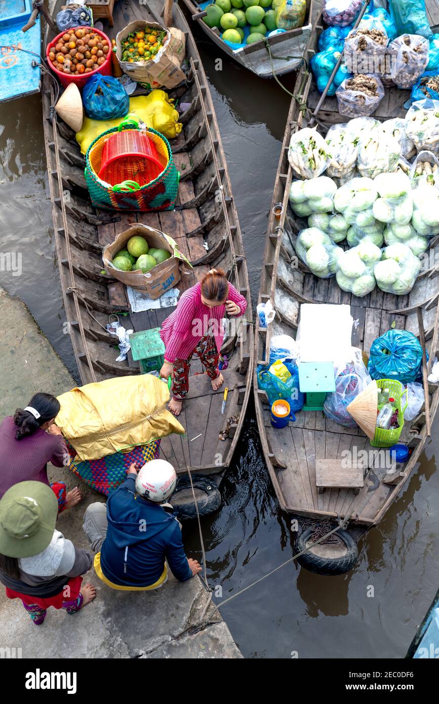Phong Dien Floating Market, Can Tho City, Viet Nam - February 7, 2021: Phong Dien Floating Market is one of the oldest floating markets in the West in Stock Photo