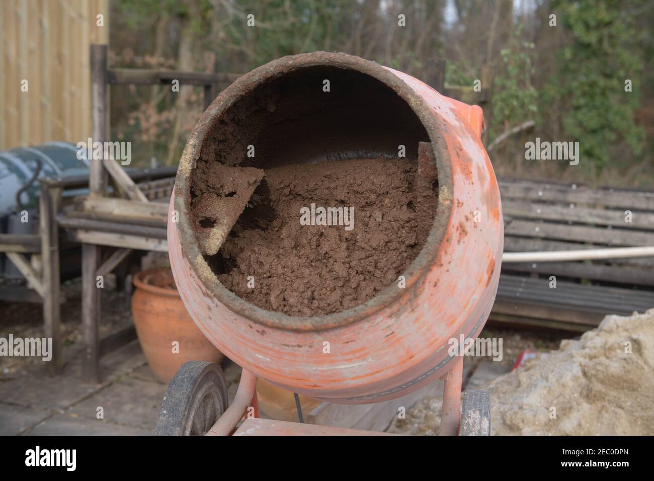 Floor Screed Being Mixed in a Cement Mixer on a Building Site in Rural