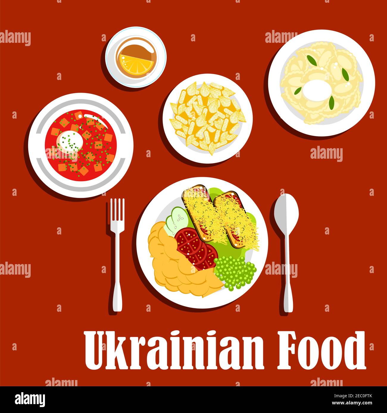 Ukrainian dishes with borscht and sour cream, vegetarian dumplings, fried potato and toasted bread, topped with tomatoes and cheese, fresh vegetable s Stock Vector