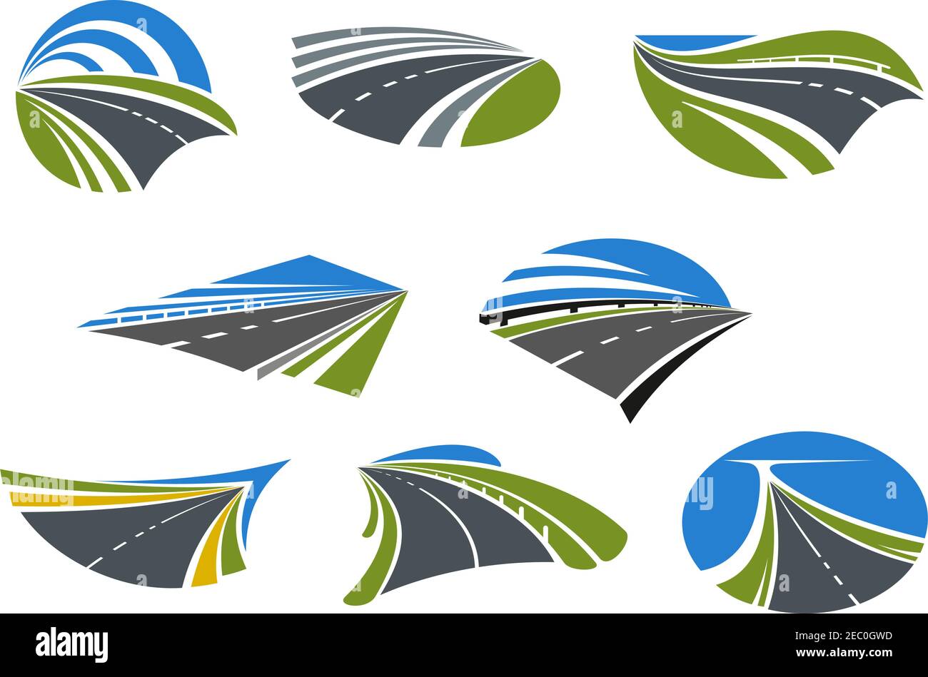 Roads and modern speed highways icons with green and yellow roadsides and blue sky. For travel, vacation or transportation design Stock Vector
