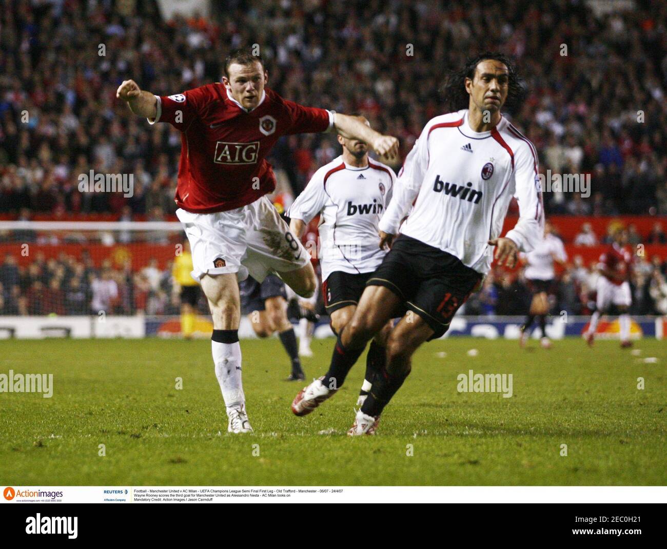 Football - Manchester United v AC Milan - UEFA Champions League Semi Final  First Leg - Old Trafford - Manchester - 06/07 - 24/4/07 Wayne Rooney scores  the third goal for Manchester