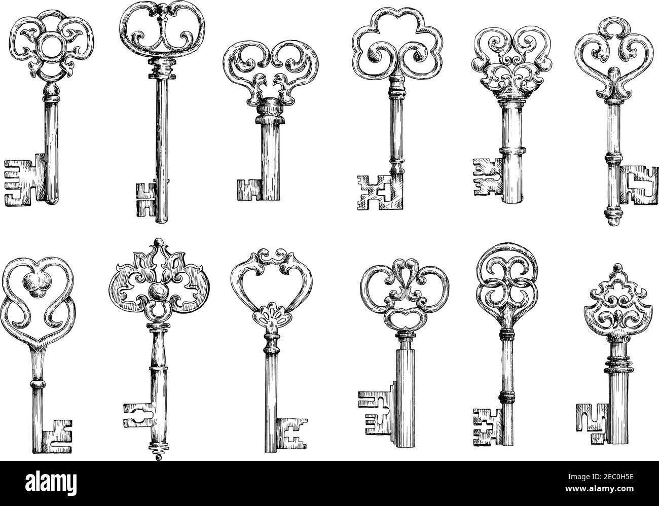 Vintage key of antique door lock black silhouettes Victorian skeleton keys  vector design with medieval floral ornament of flowers leaves and hearts  Stock Vector Image  Art  Alamy