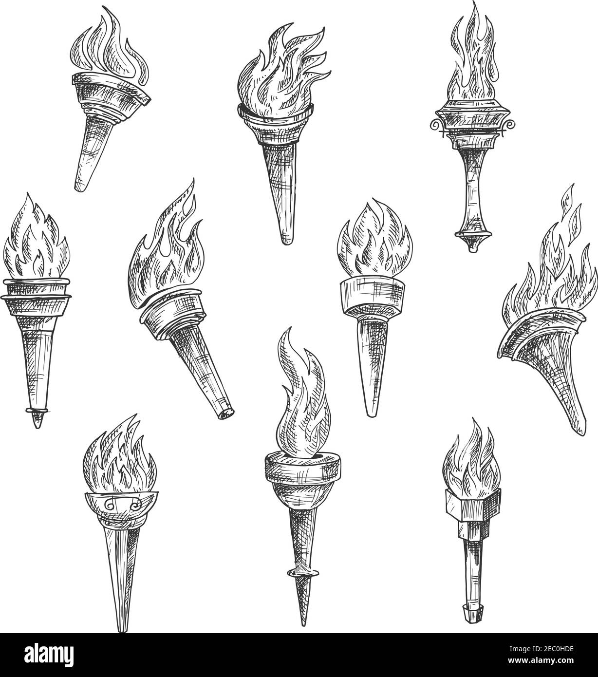 Antique burning torches with curly fire flames in vintage sketch engraving style. Addition to sport, history, religion theme Stock Vector