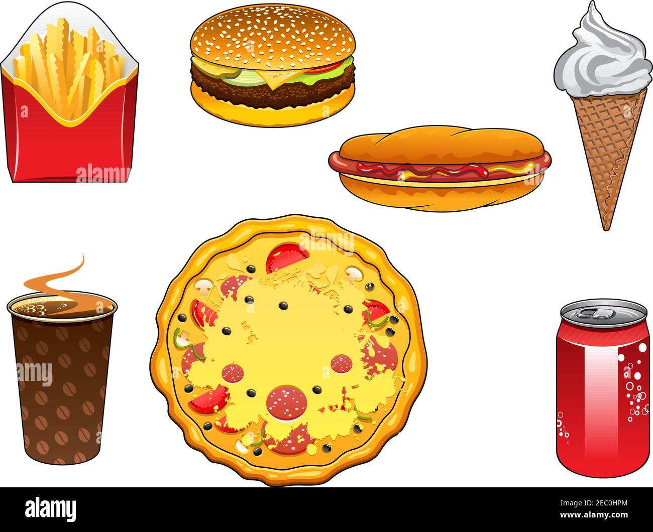 Fresh takeaway italian pizza with salami, hot dog with frankfurter