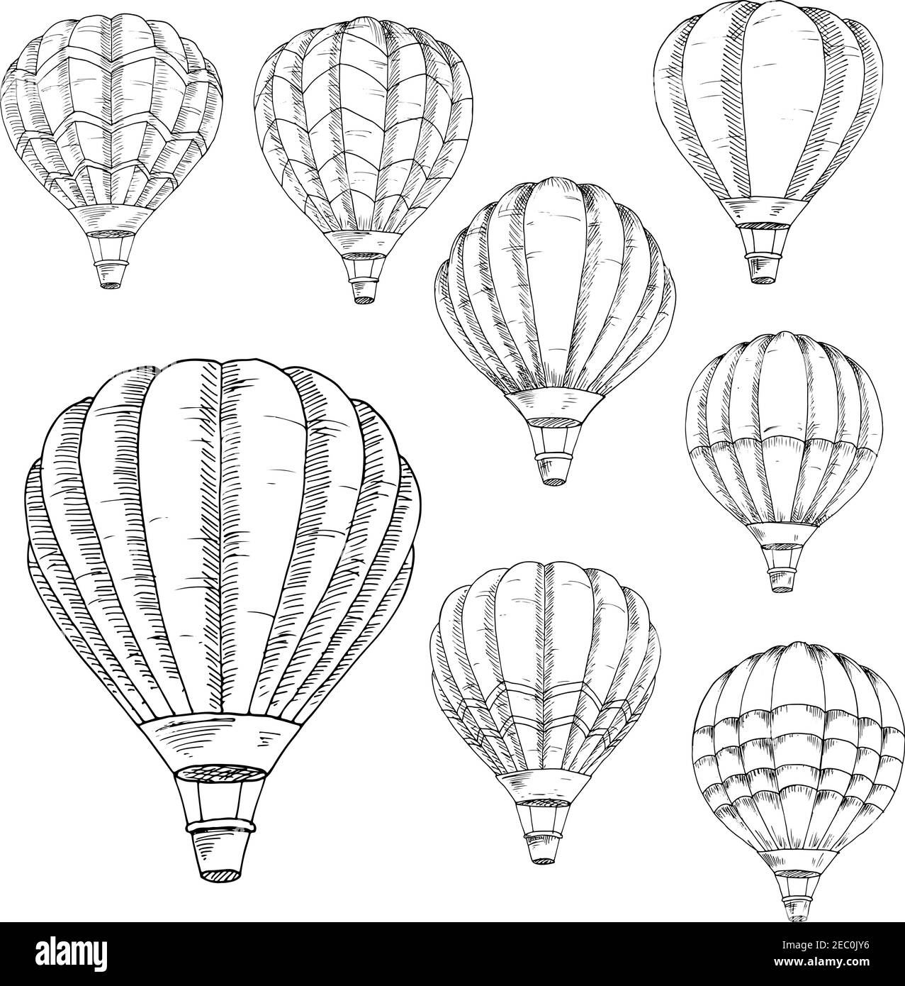 Sketched flying hot air balloons in vintage engraving style with lush envelopes. Air transportation, hobby, romantic weekend, travel design usage Stock Vector