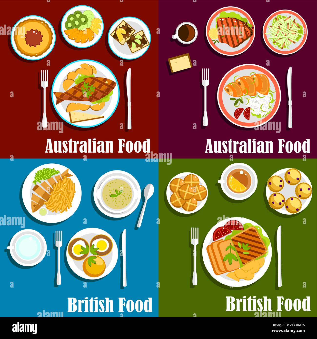 British and australian dishes served with grilled lamb and beef steaks, salted salmon, meat pie, egg sandwiches, vegetables and fruits, green pea soup Stock Vector