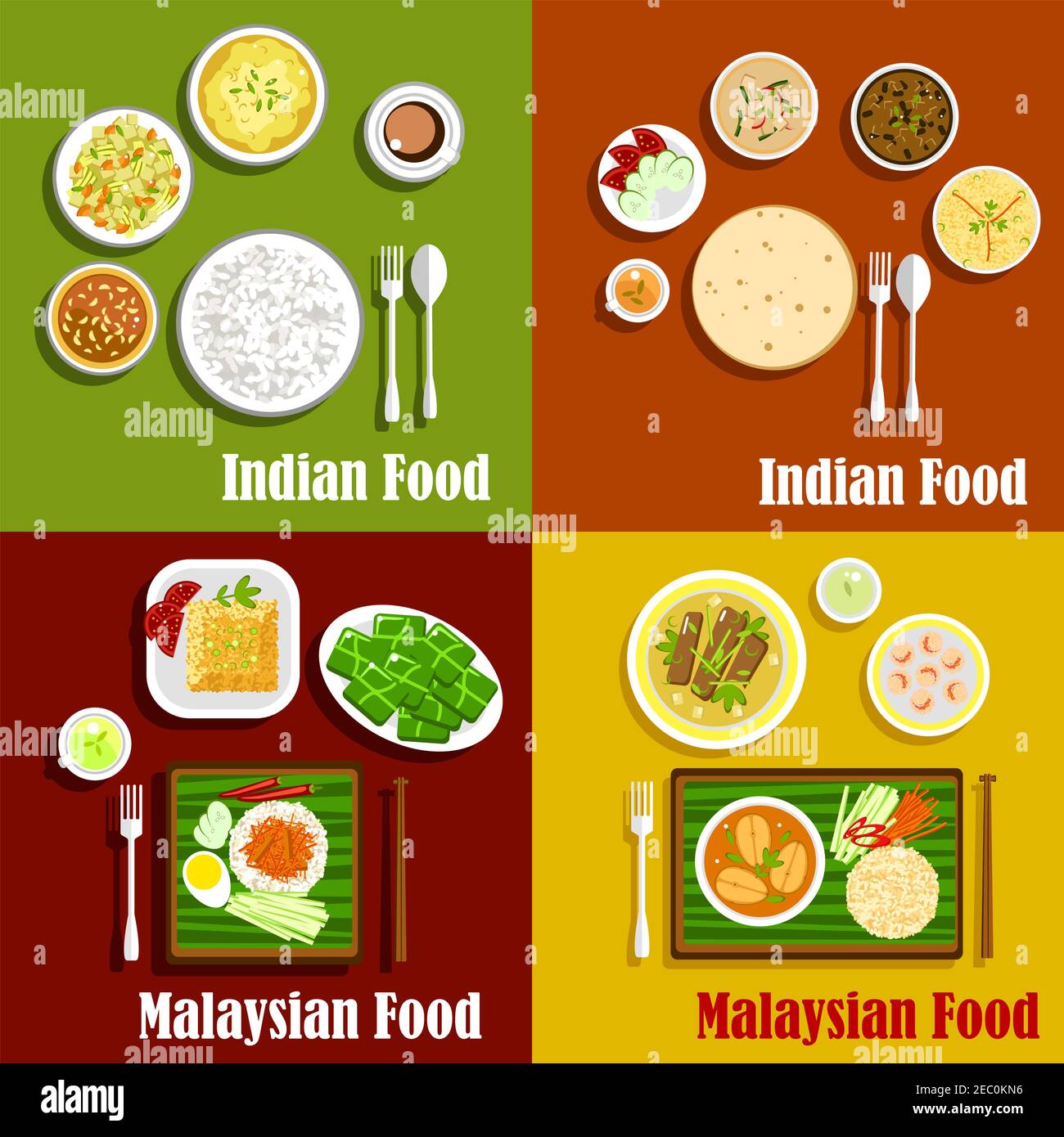 Malaysian and indian national cuisine dishes. Nasi lemak rice and curry, served with chapati bread and shrimps, fish and beef rendang, tomato chutney Stock Vector