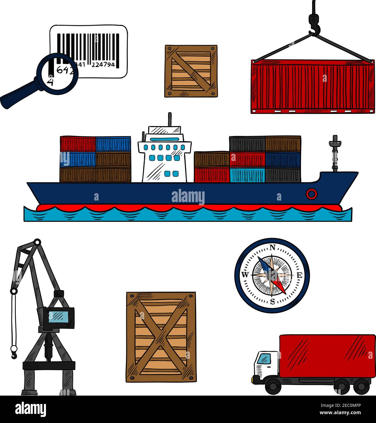 Shipping and delivery industry icons with container ship and cargo crane, wooden and steel containers, barcode with magnifier, compass and delivery tr Stock Vector