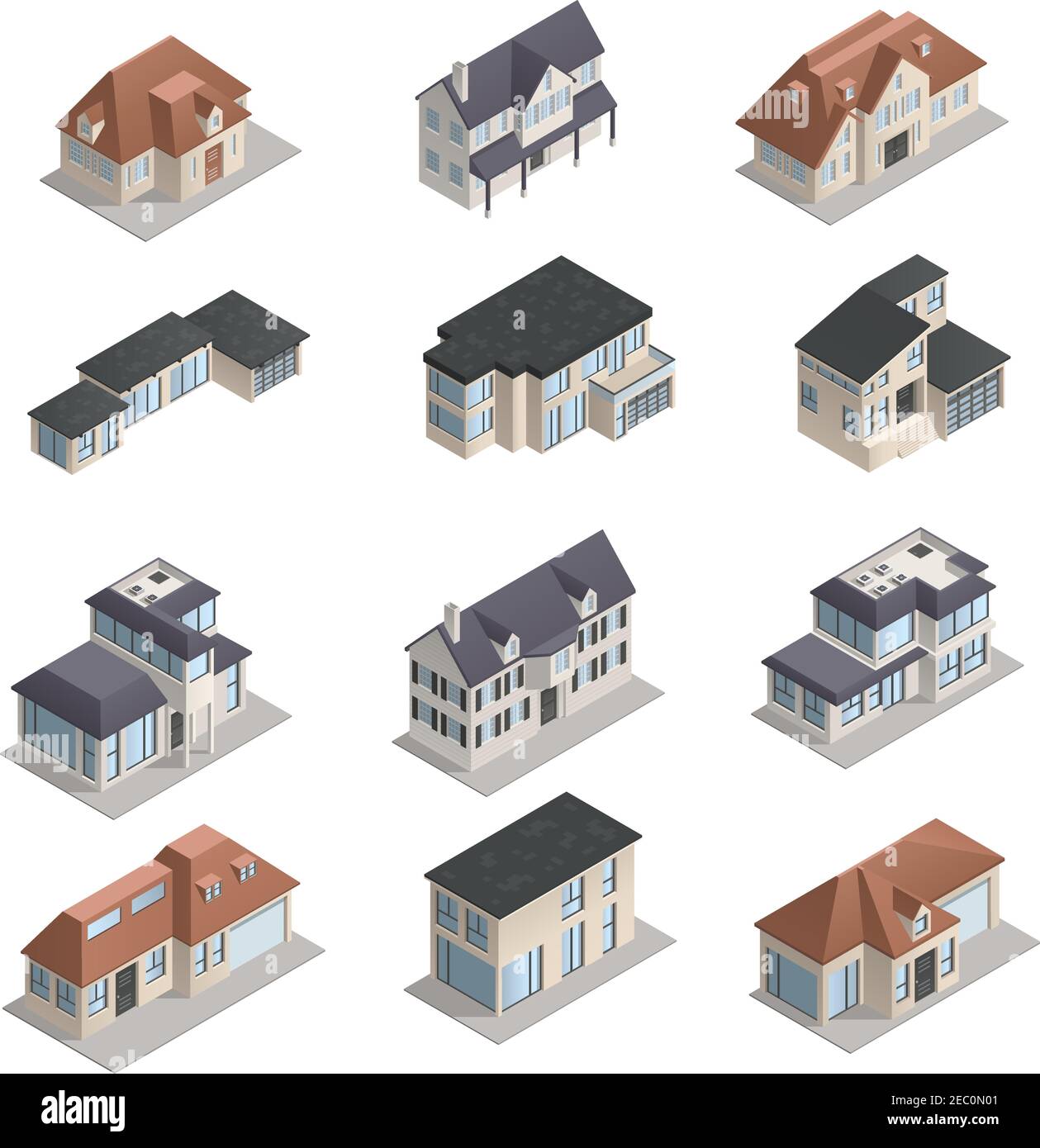 Isometric mpdern low-rise suburban houses of different shape set isolated on white background vector illustration Stock Vector