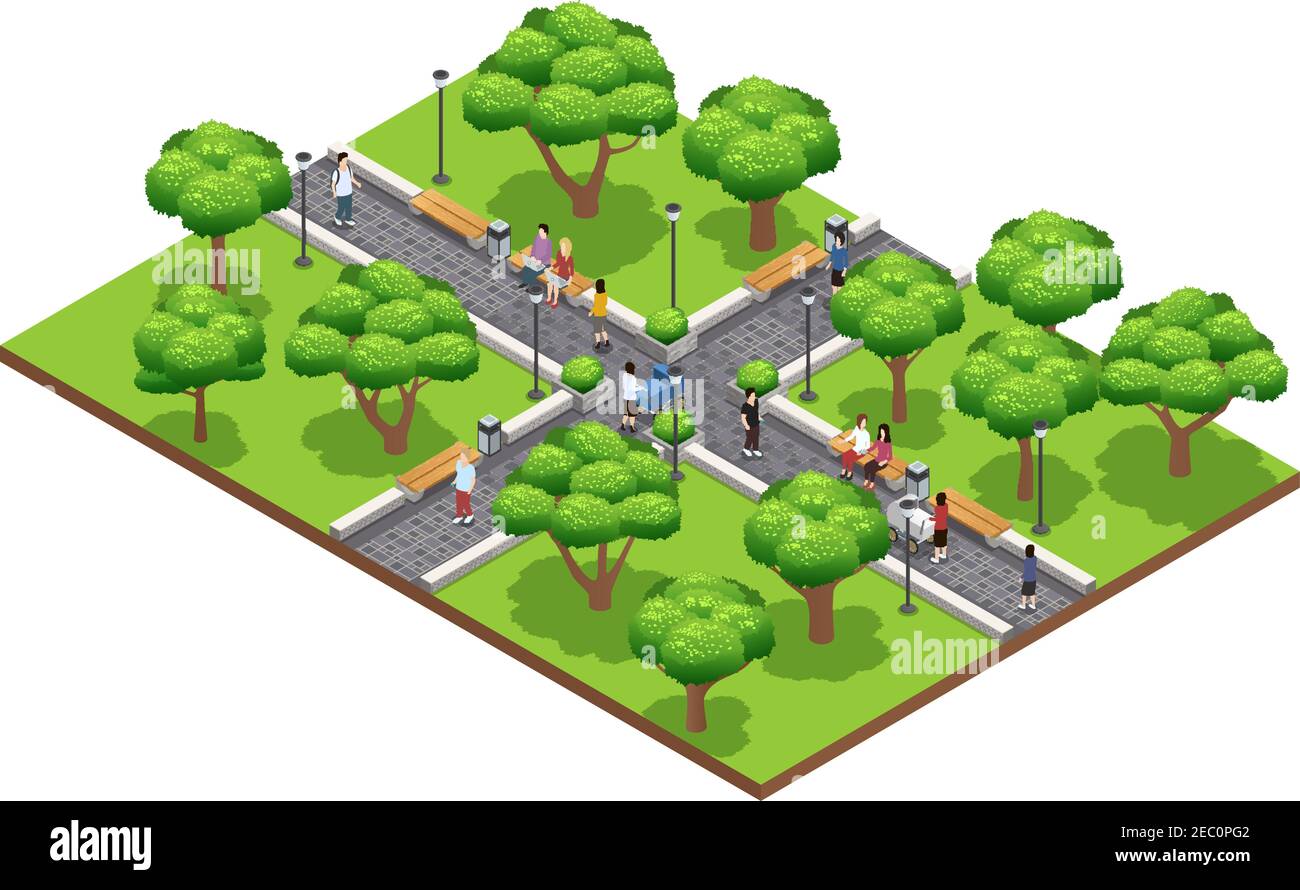 Isometric landscaping composition with people walking in green park in ...