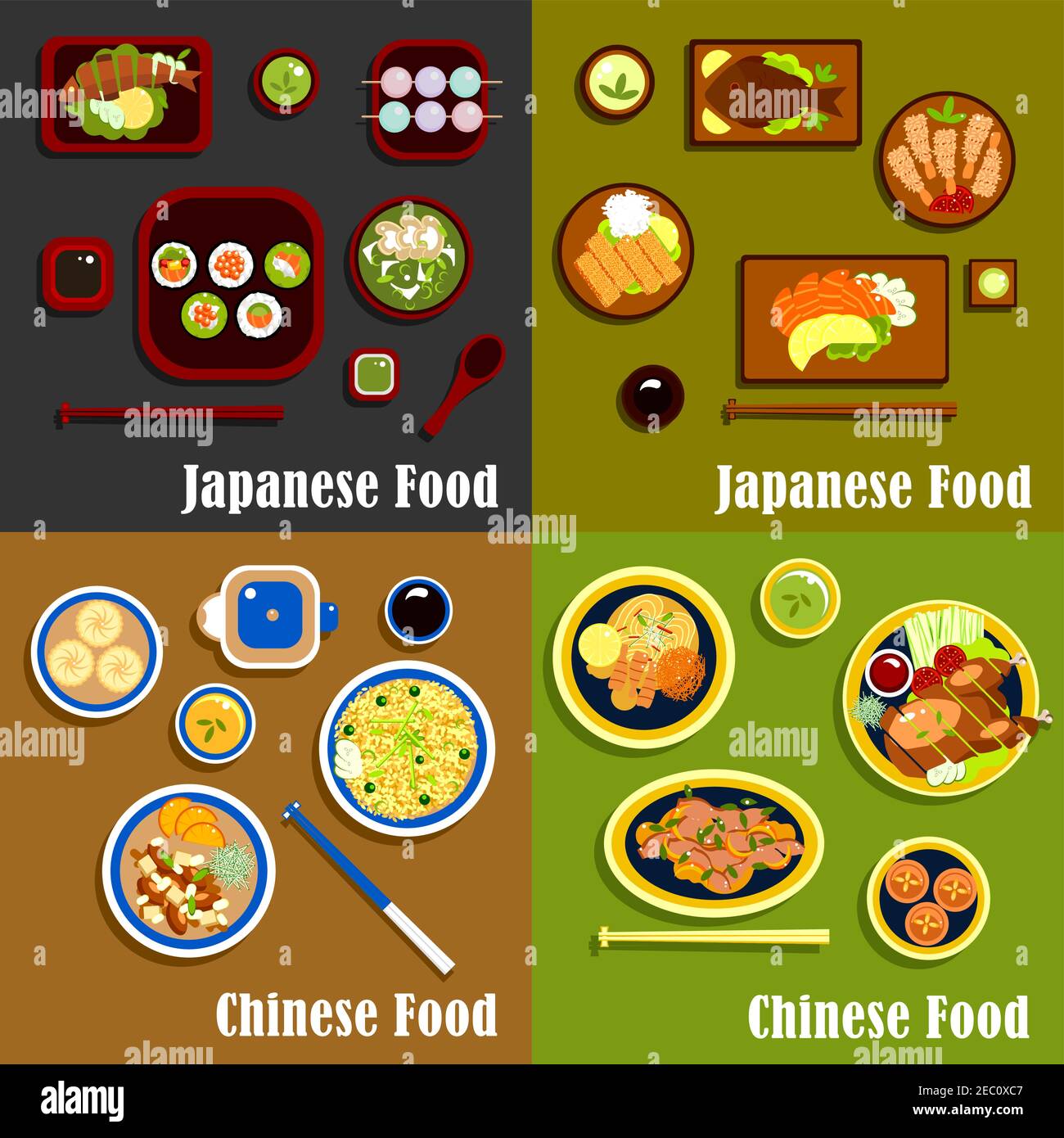 Japanese seafood menu and spicy chinese dishes with sushi and sashimi, fish and rice, shrimps and noodles, peking duck, orange chicken and dumplings, Stock Vector