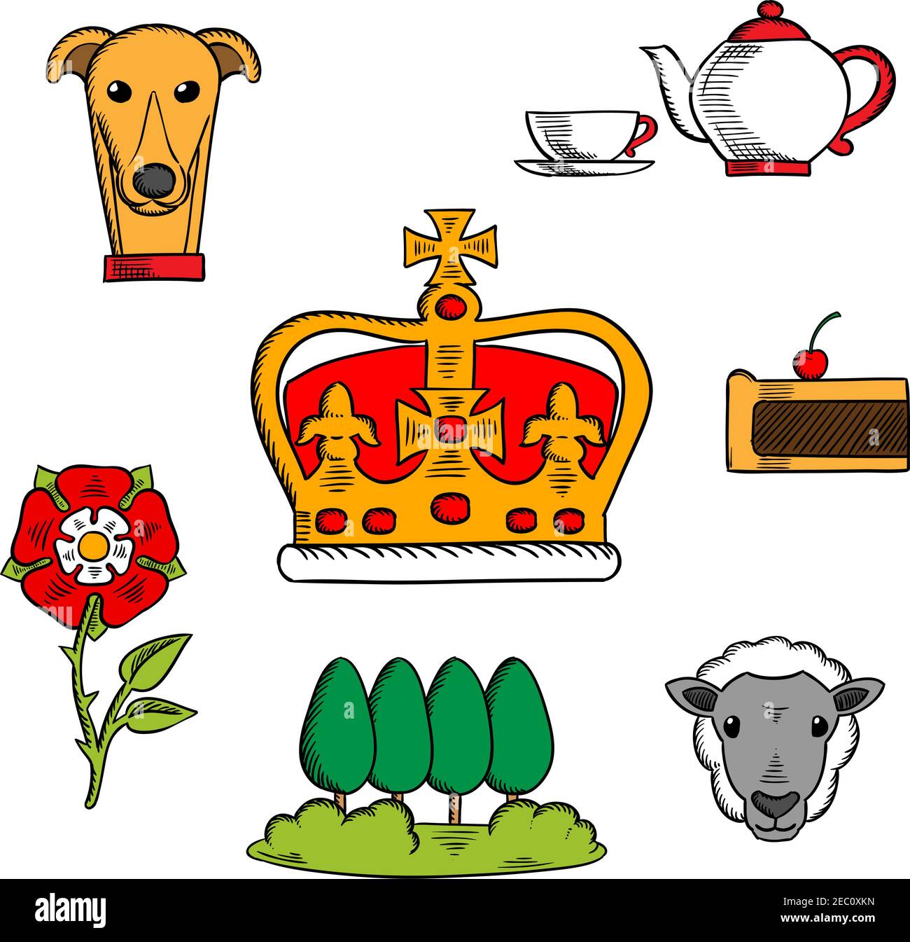 Britain royal crown adorned by heraldic elements with sketches of national symbols of Great Britain such as heraldic tudor rose and tea set, fruitcake Stock Vector