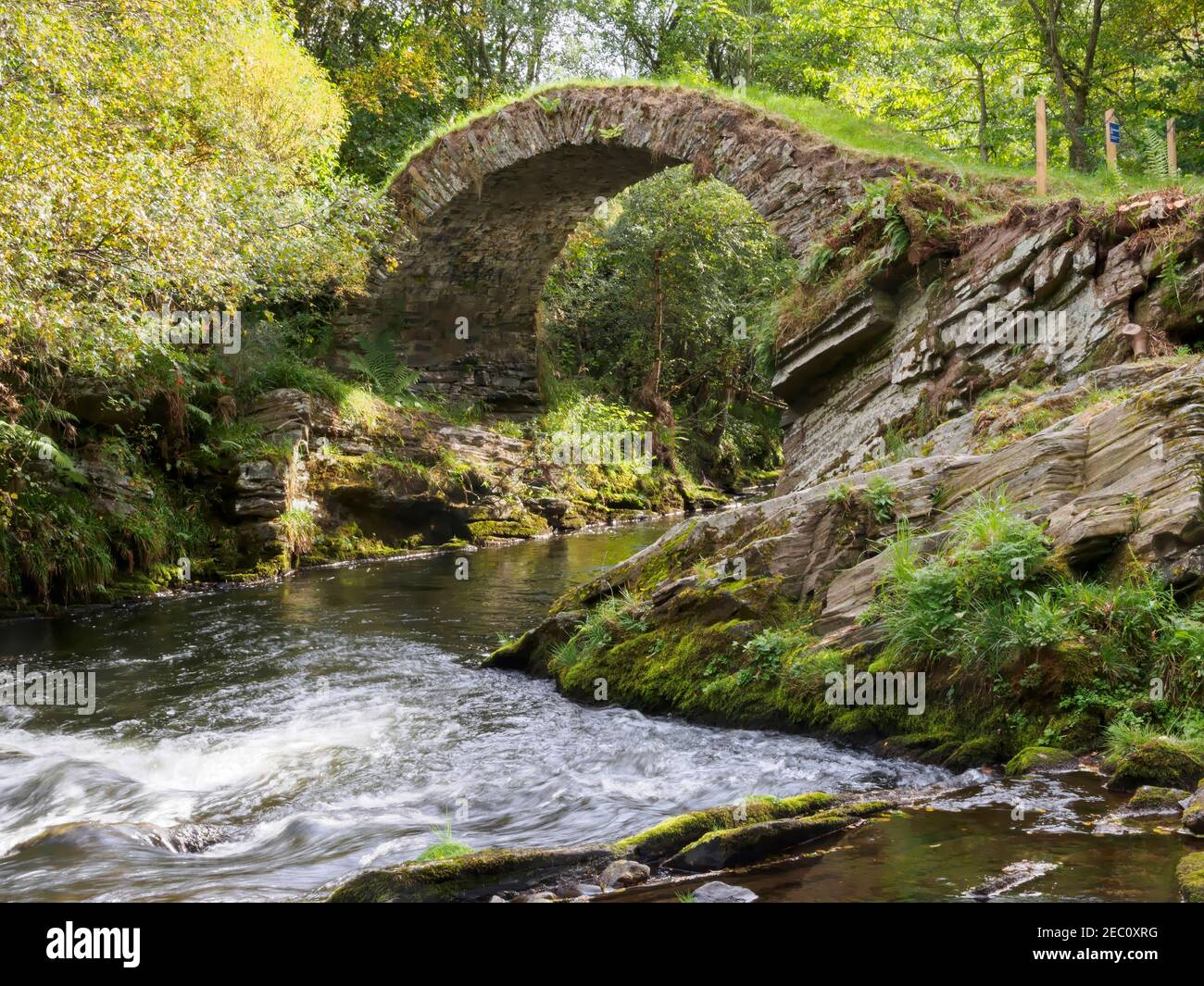 Glenlivet packhorse bridge, Cairngorms National Park, Scotland.  A 16th century bridge over the River Livet. Stock Photo