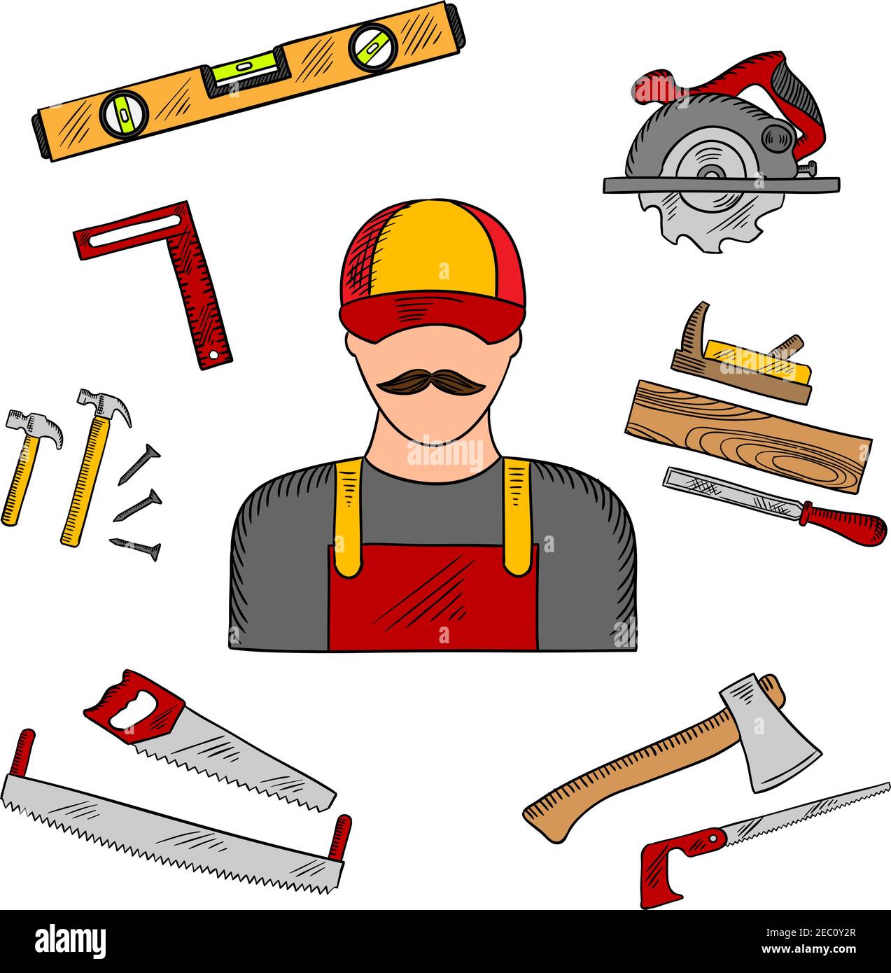 Carpenter profession with tools and equipment icons with hammer and