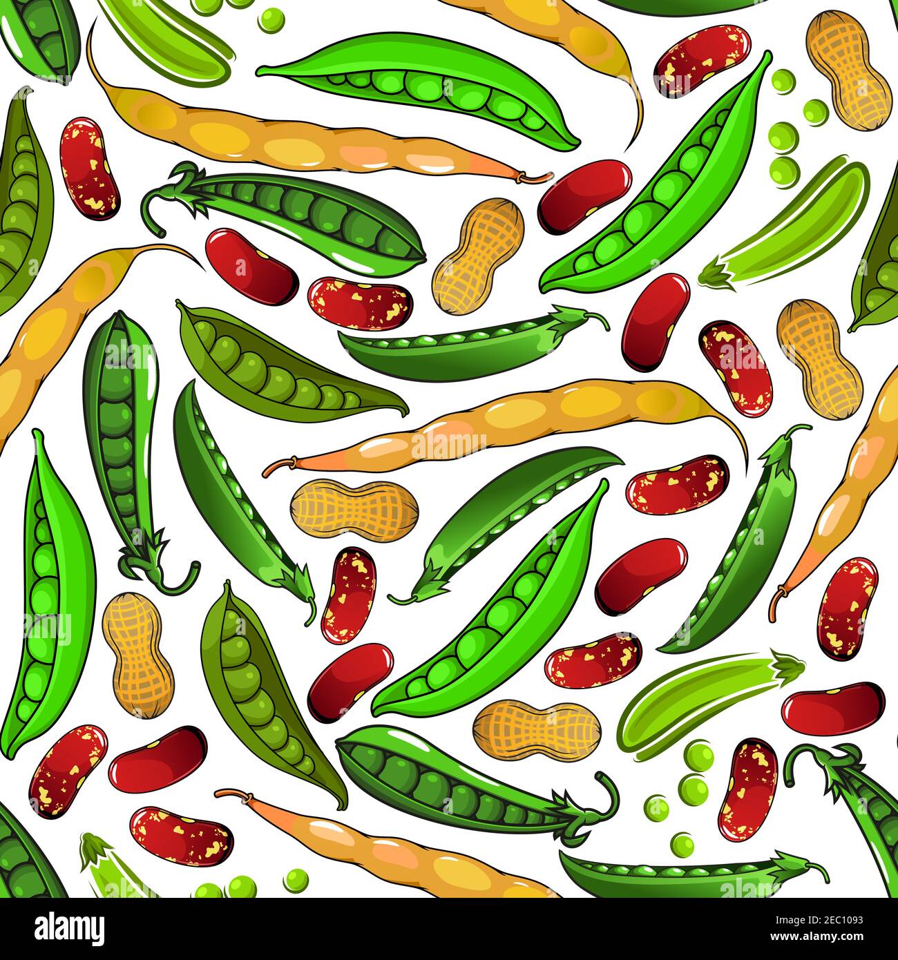 Healthy legumes vegetarian seamless pattern of sweet green peas and peanuts in shell, fresh yellow pods of common bean, brown spotted beans and pea gr Stock Vector