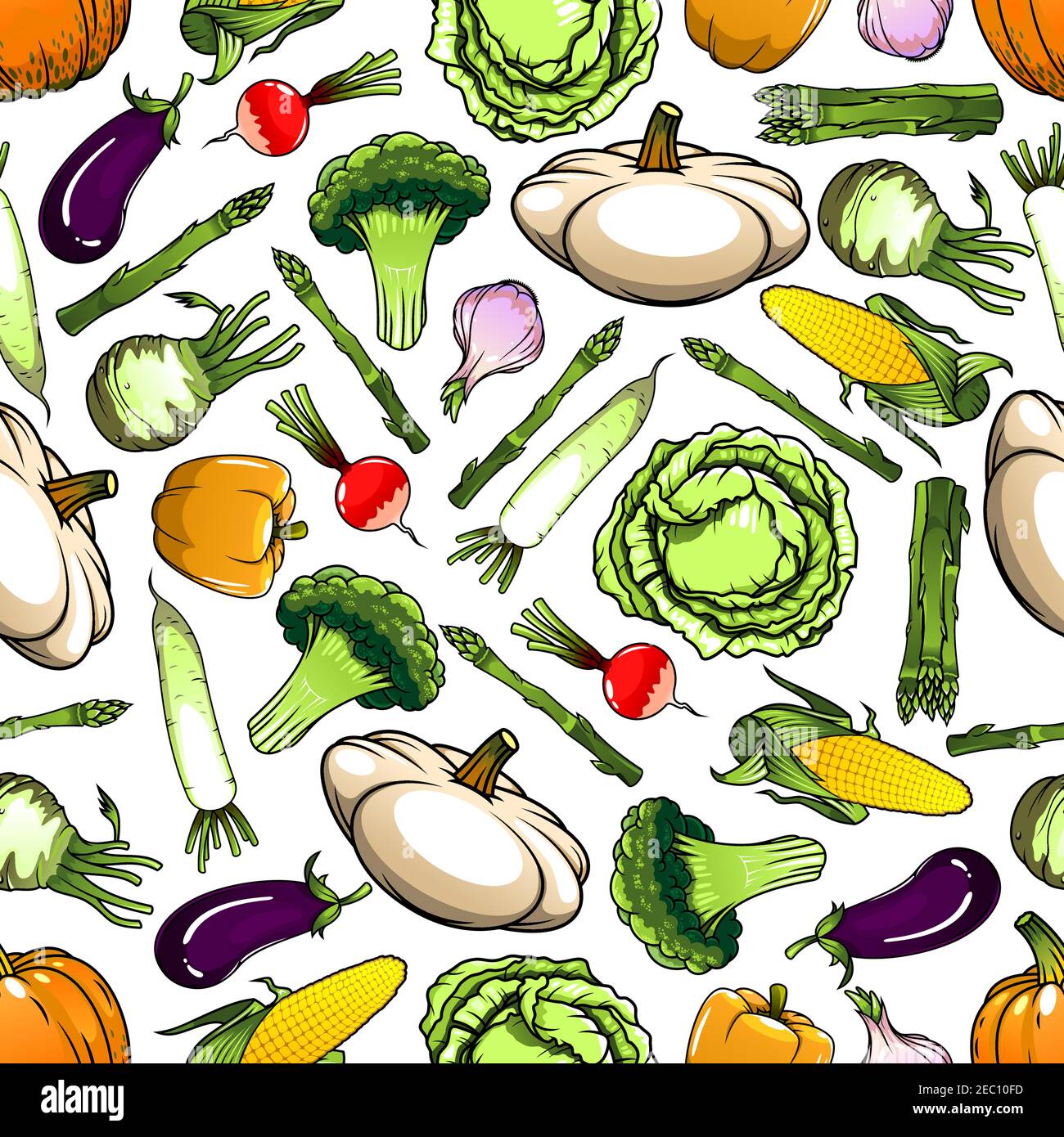 Seamless pattern of wholesome cabbages and broccoli, corn cobs and eggplants, bell peppers and garlic, pumpkins and kohlrabi, asparagus and radishes, Stock Vector