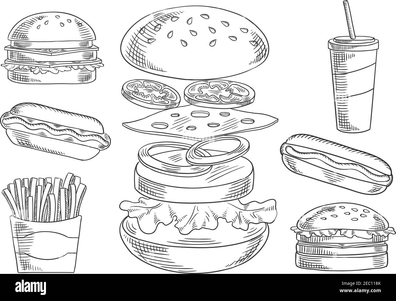 Fast food sketch icons of appetizing cheeseburger with separated layers of fresh tomato and onion, cheese, meat patty and lettuce, surrounded by hot d Stock Vector