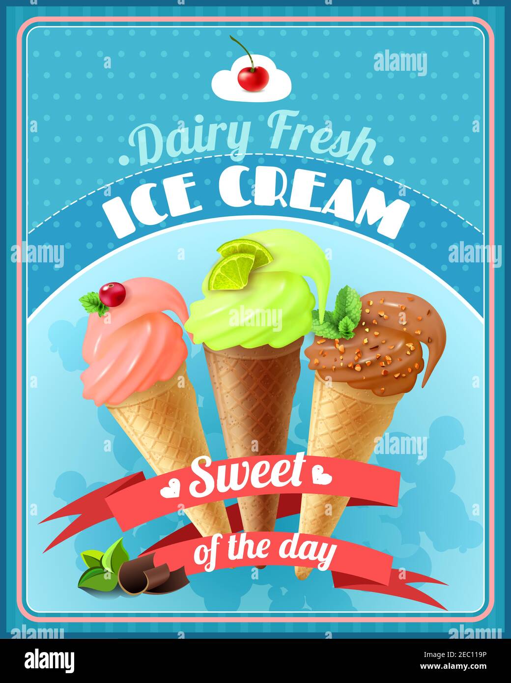 Ice cream poster with cherry pistachio chocolate cones and advertising
