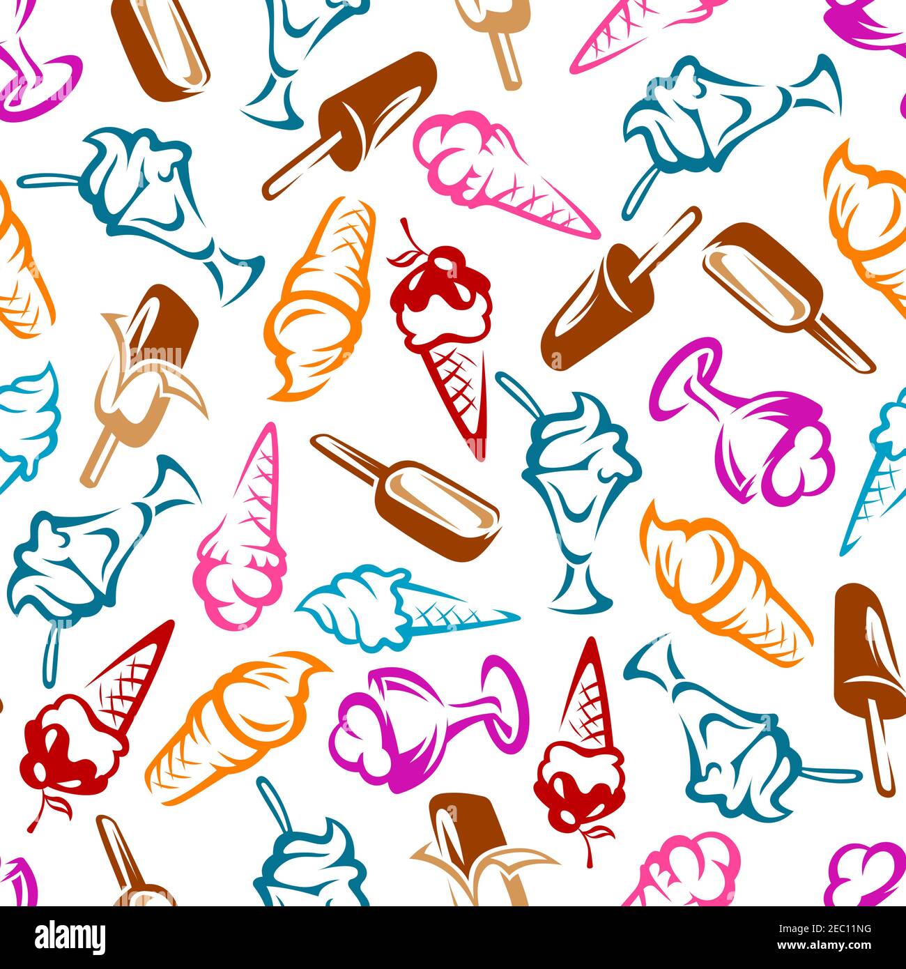 Desserts seamless pattern with cones, chocolate ice cream on sticks and ...