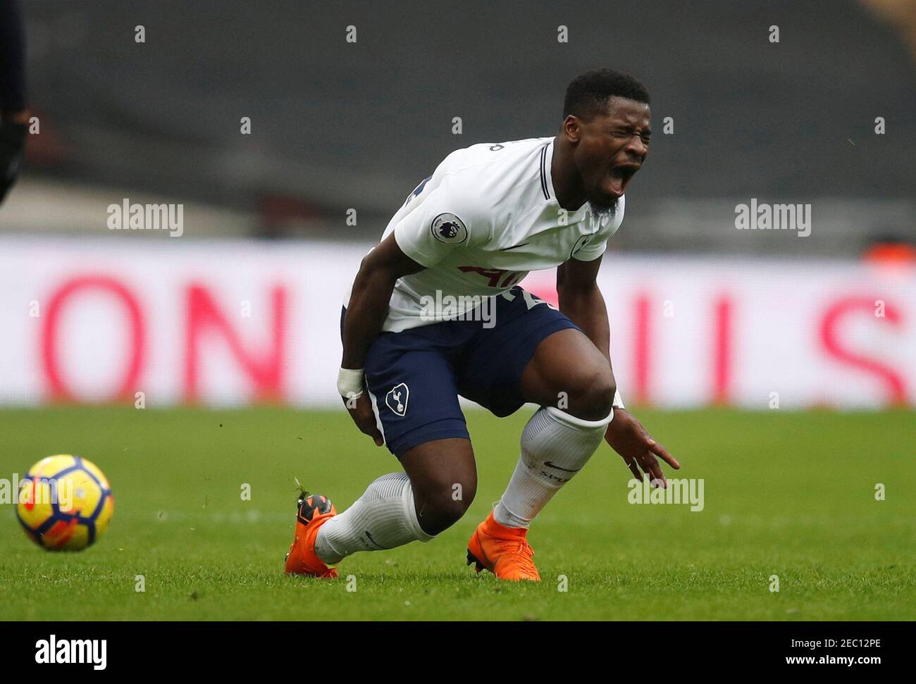 Soccer Football - Premier League - Tottenham Hotspur vs Huddersfield Town - Wembley Stadium, London, Britain - March 3, 2018   Tottenham's Serge Aurier reacts after sustaining an injury    REUTERS/Eddie Keogh    EDITORIAL USE ONLY. No use with unauthorized audio, video, data, fixture lists, club/league logos or 'live' services. Online in-match use limited to 75 images, no video emulation. No use in betting, games or single club/league/player publications.  Please contact your account representative for further details. Stock Photo