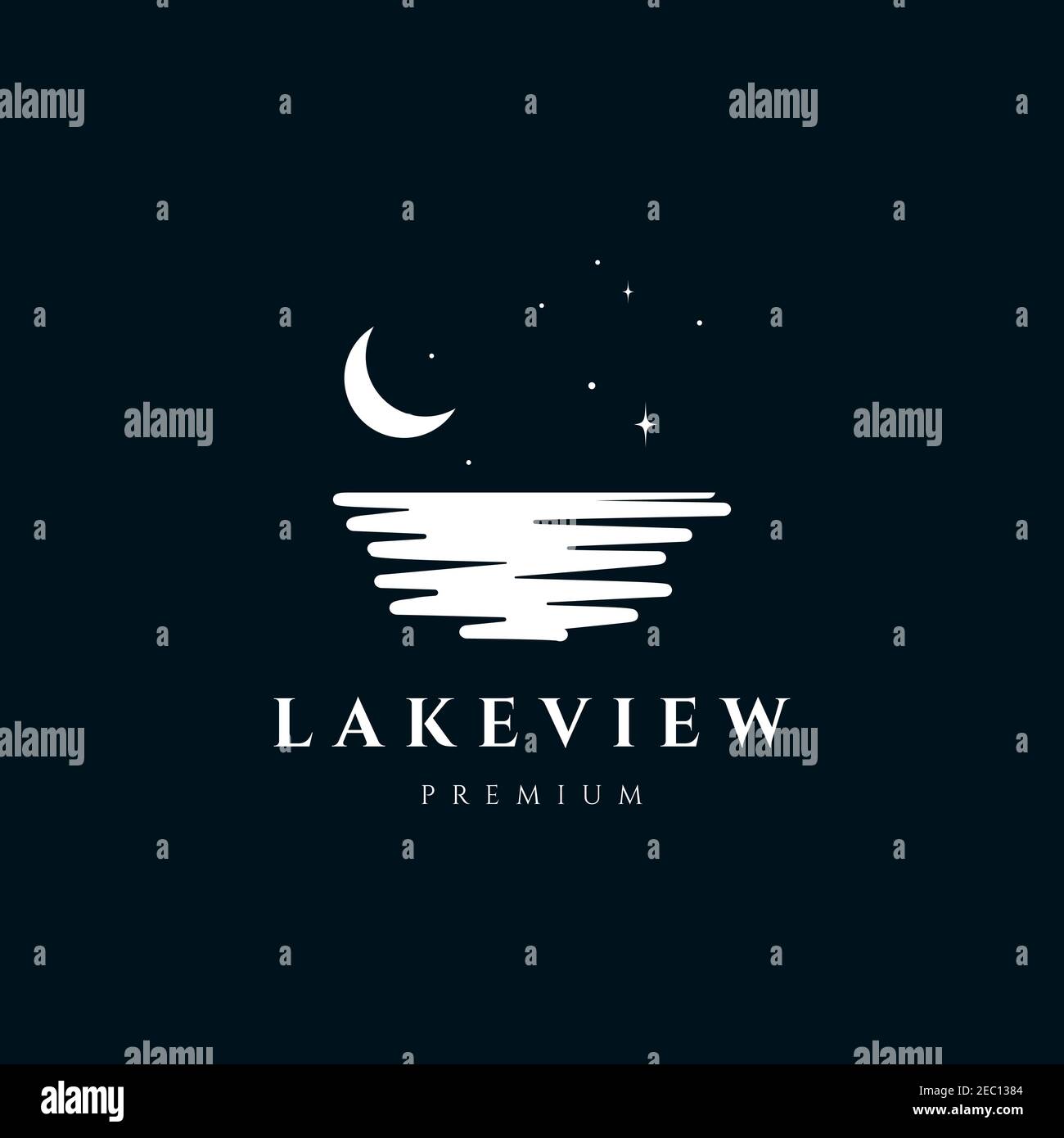 Lake view in the night illustration logo design vector template Stock Vector