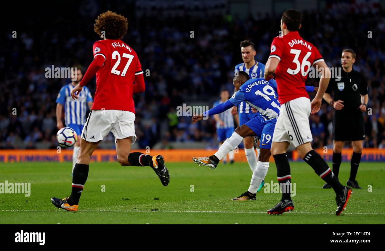 Soccer Football - Premier League - Brighton & Hove Albion v Manchester United - The American Express Community Stadium, Brighton, Britain - May 4, 2018   Brighton's Jose Izquierdo shoots at goal    REUTERS/Eddie Keogh    EDITORIAL USE ONLY. No use with unauthorized audio, video, data, fixture lists, club/league logos or 'live' services. Online in-match use limited to 75 images, no video emulation. No use in betting, games or single club/league/player publications.  Please contact your account representative for further details. Stock Photo