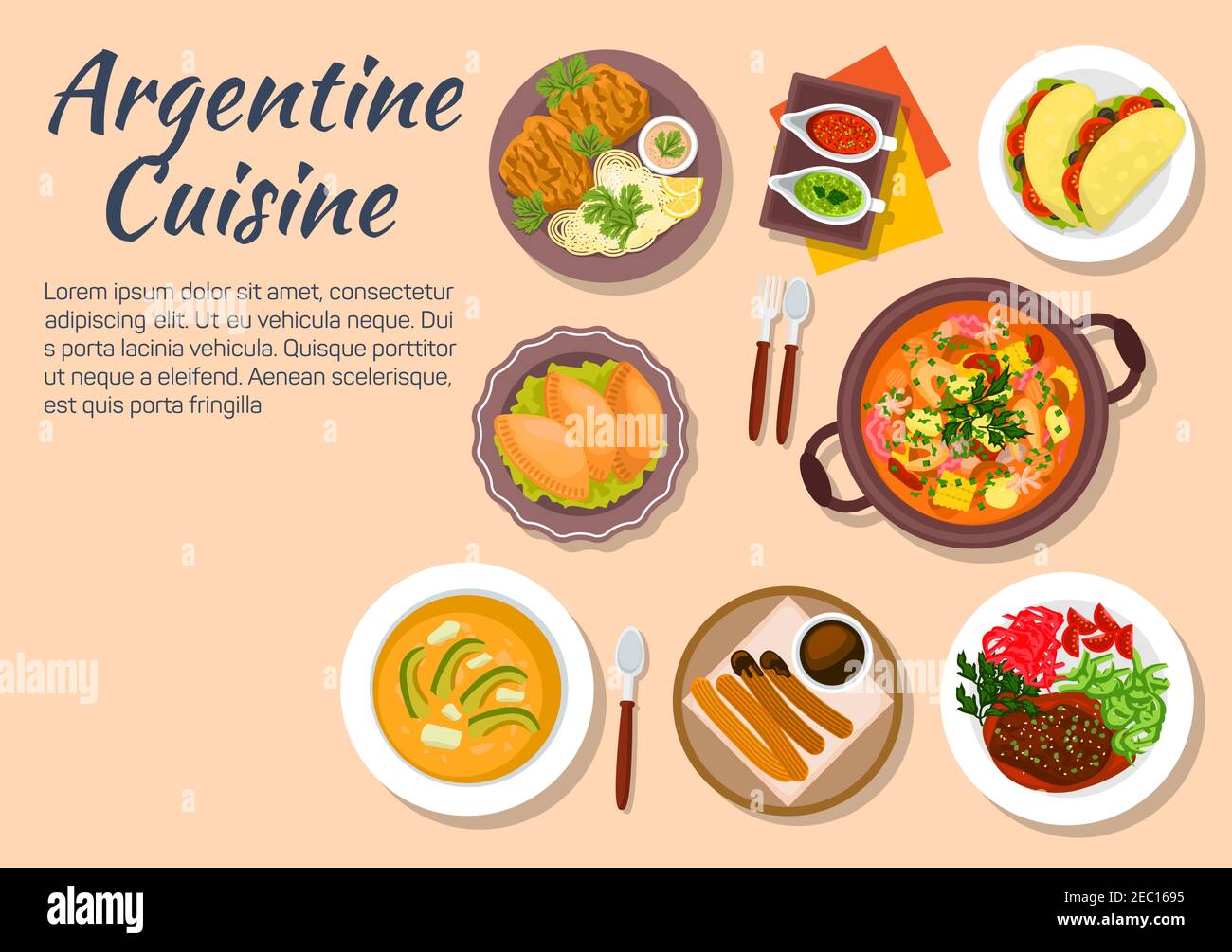 Dinner of argentine cuisine with cazuela and seafood, empanadas and vegetarian tortillas, soup locro with avocado and beef shank ossobuco, pork chop m Stock Vector