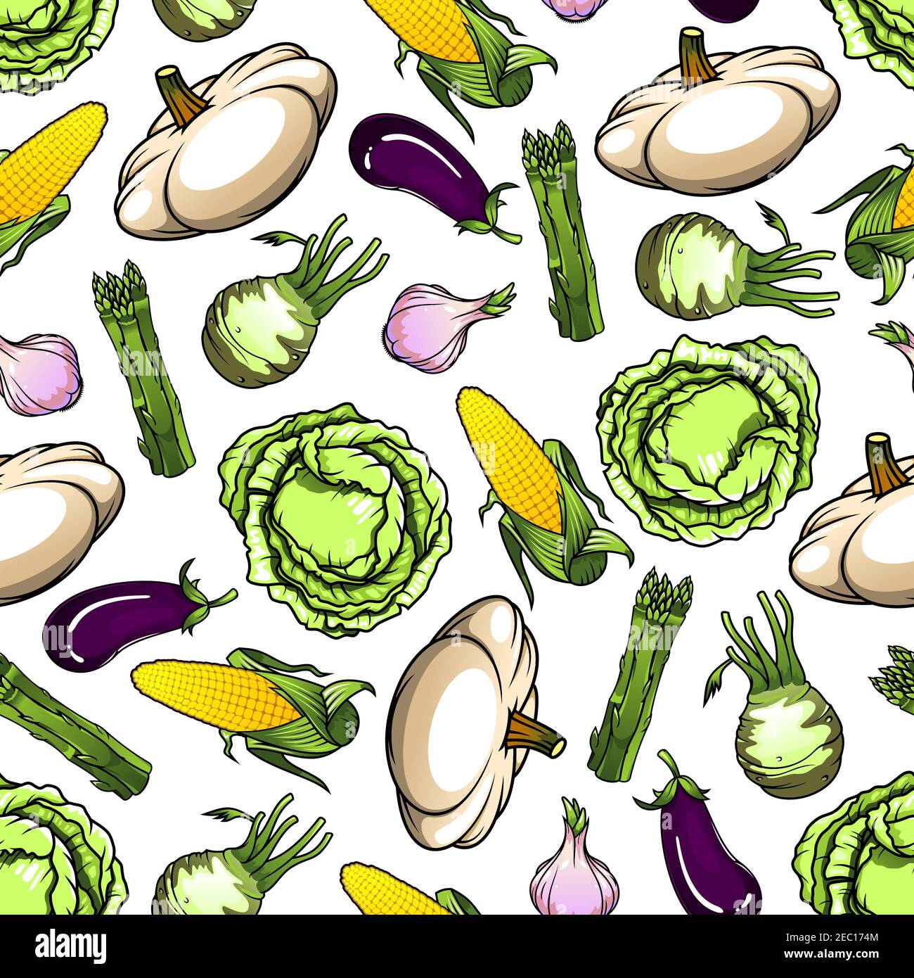 Farm green cabbages and sweet corn cobs, eggplants and spicy garlic, bunches of asparagus and pattypan squashes vegetables seamless pattern over white Stock Vector