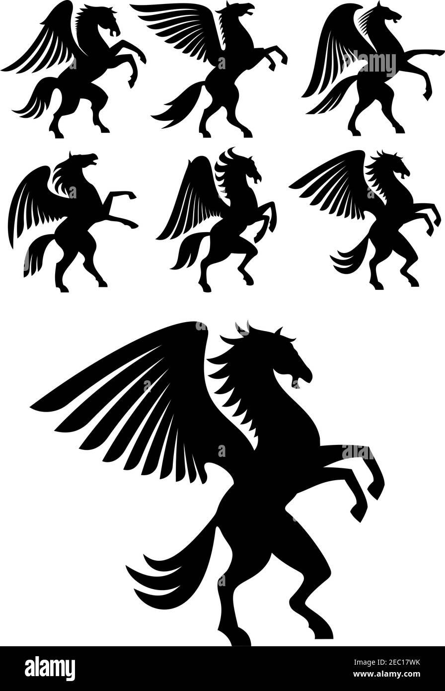 Mythical winged pegasus black horses with open wings. Heraldry