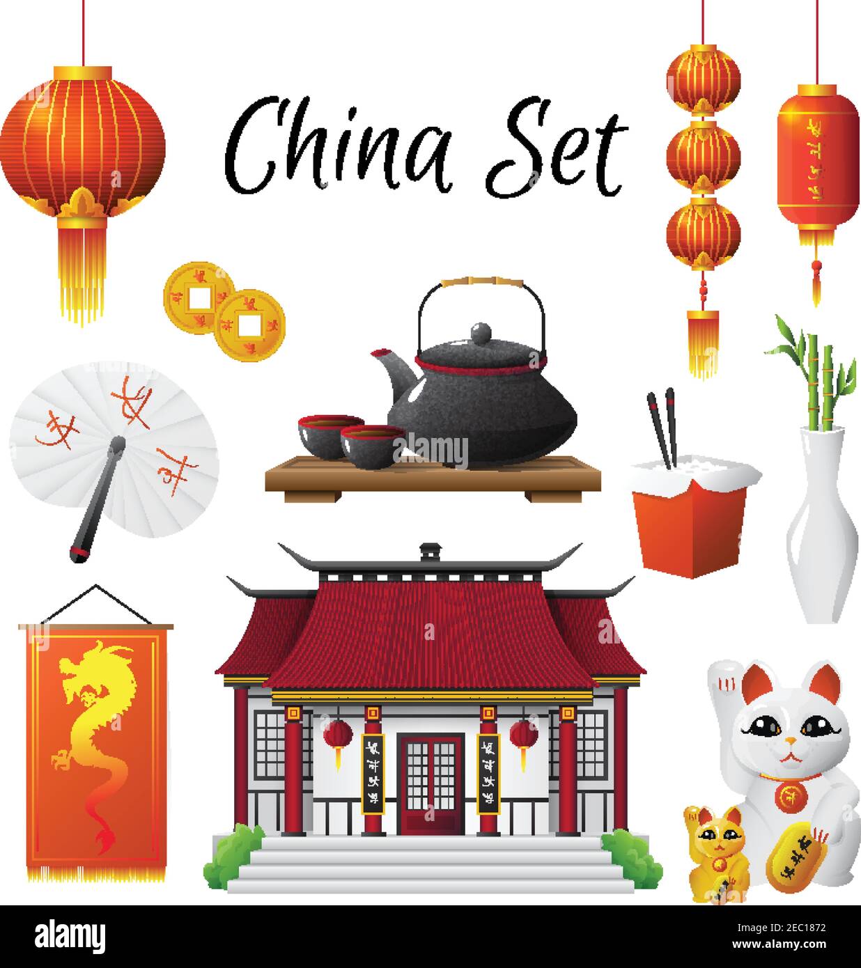 Chinese culture classic national symbols set with red lantern steamed