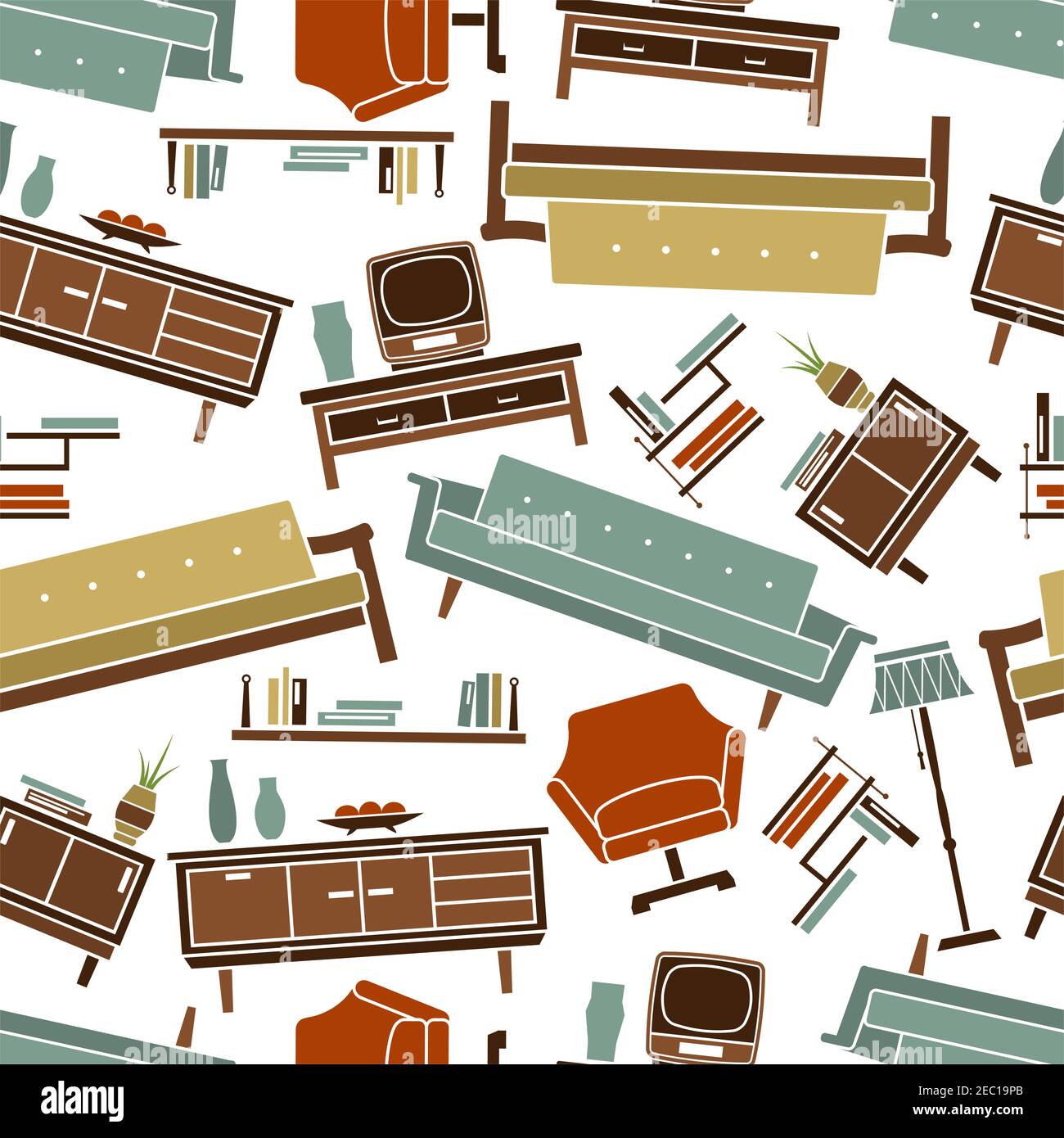 Retro home furniture seamless pattern with armchair and sofa, floor