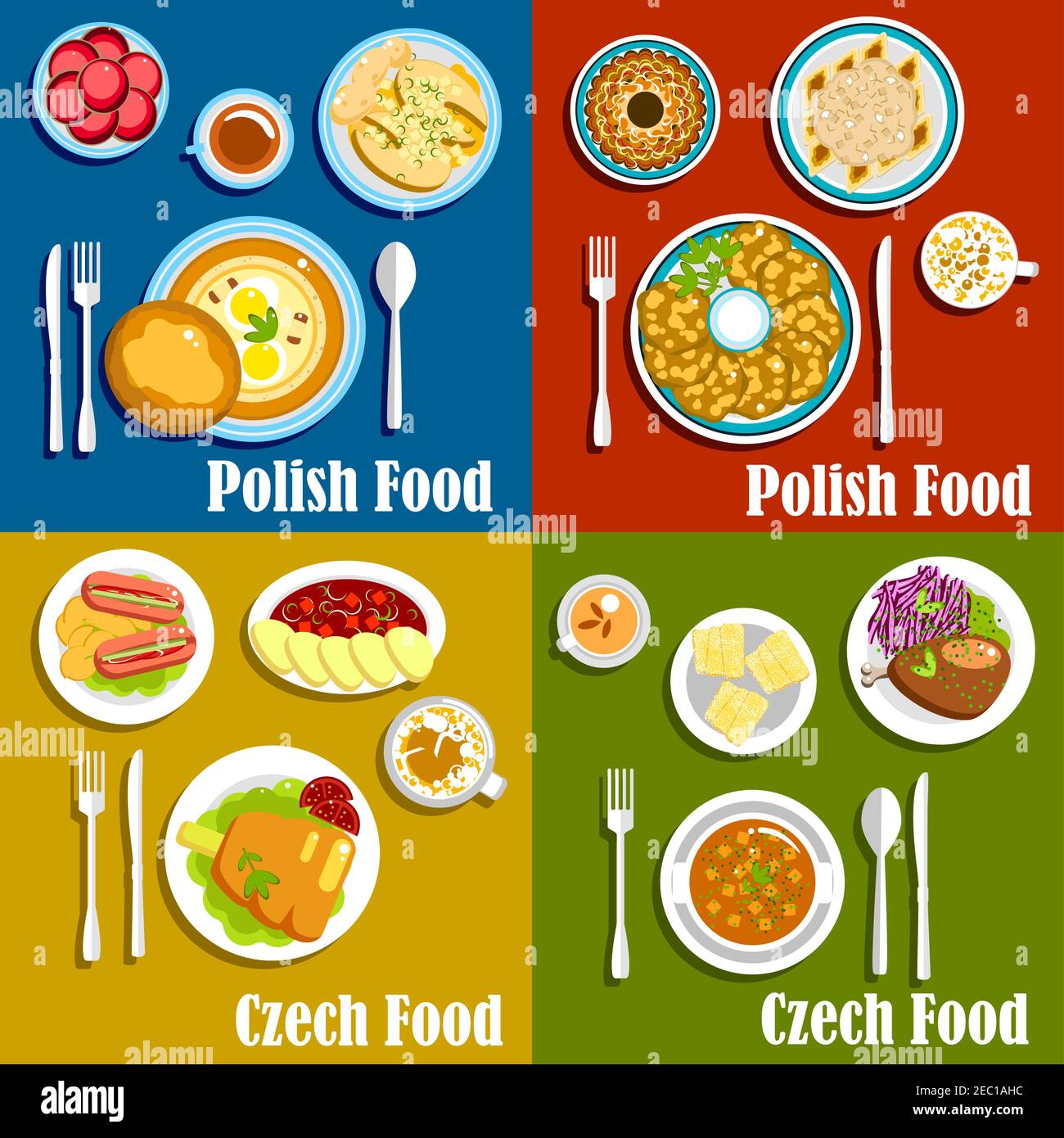 Popular dishes of polish and czech cuisine with thick soups and potato pancakes, baked pork knee, fish and duck, pickled sausages and vegetarian dumpl Stock Vector