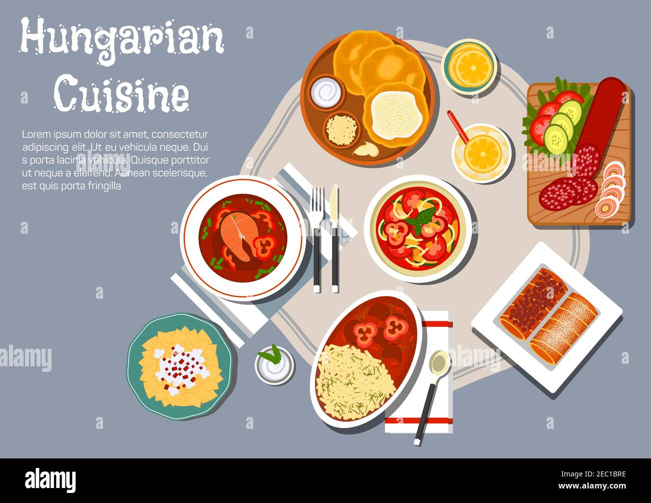 Traditional hungarian cuisine fried bread langos with sour cream and cheese, served with winter salami, egg noodles with cheese and meat stew, spicy f Stock Vector