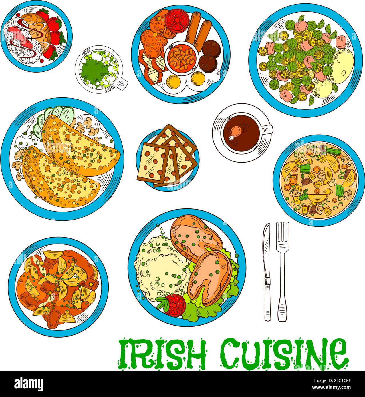 Irish cuisine dishes served with vegetable lamb stew and potato pancakes boxty with sauce, potato stew coddle with sausages and mashed potato with fis Stock Vector