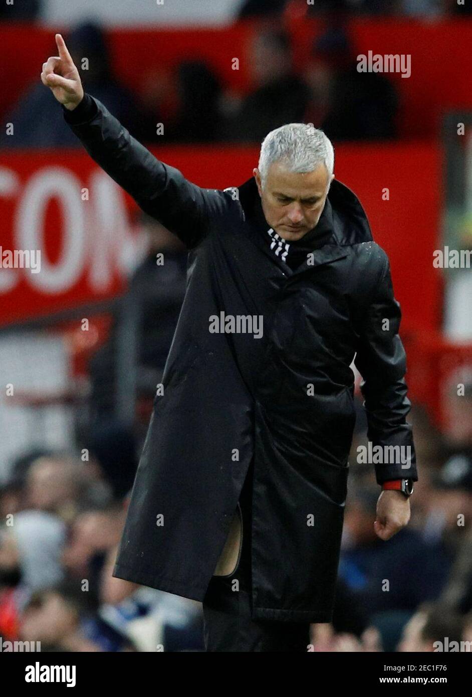 Soccer Football - Premier League - Manchester United v Fulham - Old Trafford, Manchester, Britain - December 8, 2018  Manchester United manager Jose Mourinho reacts  REUTERS/Phil Noble   EDITORIAL USE ONLY. No use with unauthorized audio, video, data, fixture lists, club/league logos or 'live' services. Online in-match use limited to 75 images, no video emulation. No use in betting, games or single club/league/player publications.  Please contact your account representative for further details. Stock Photo