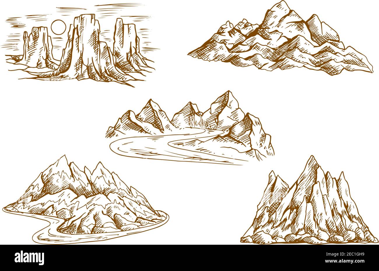Retro sketched mountains icons with landscapes of high cliffs and hills, rocky ridge and summit, tower rocks and mountain valleys with winding roads. Stock Vector