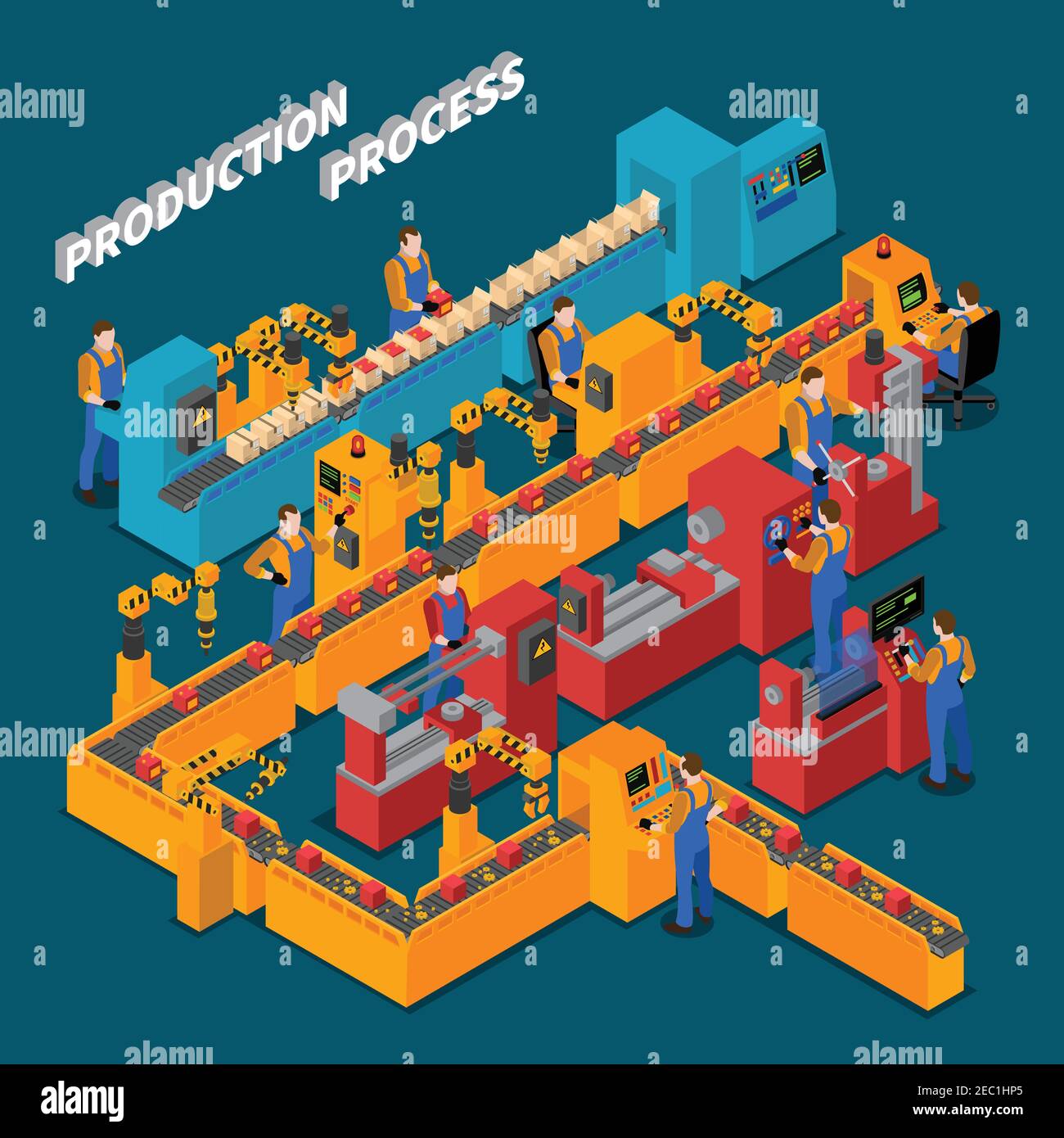 Factory isometric composition with production process symbols on blue