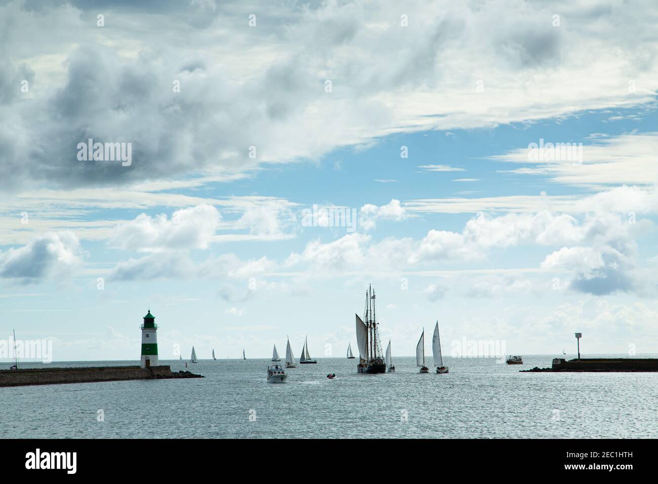 Sailboats,Lighthouse, Schleifjord, Fjord, Water, Baltic Sea, Schlei, Schleimuende, Clouds, Tourism Region, Water Reflection,Cloudy Sky, North Germany Stock Photo