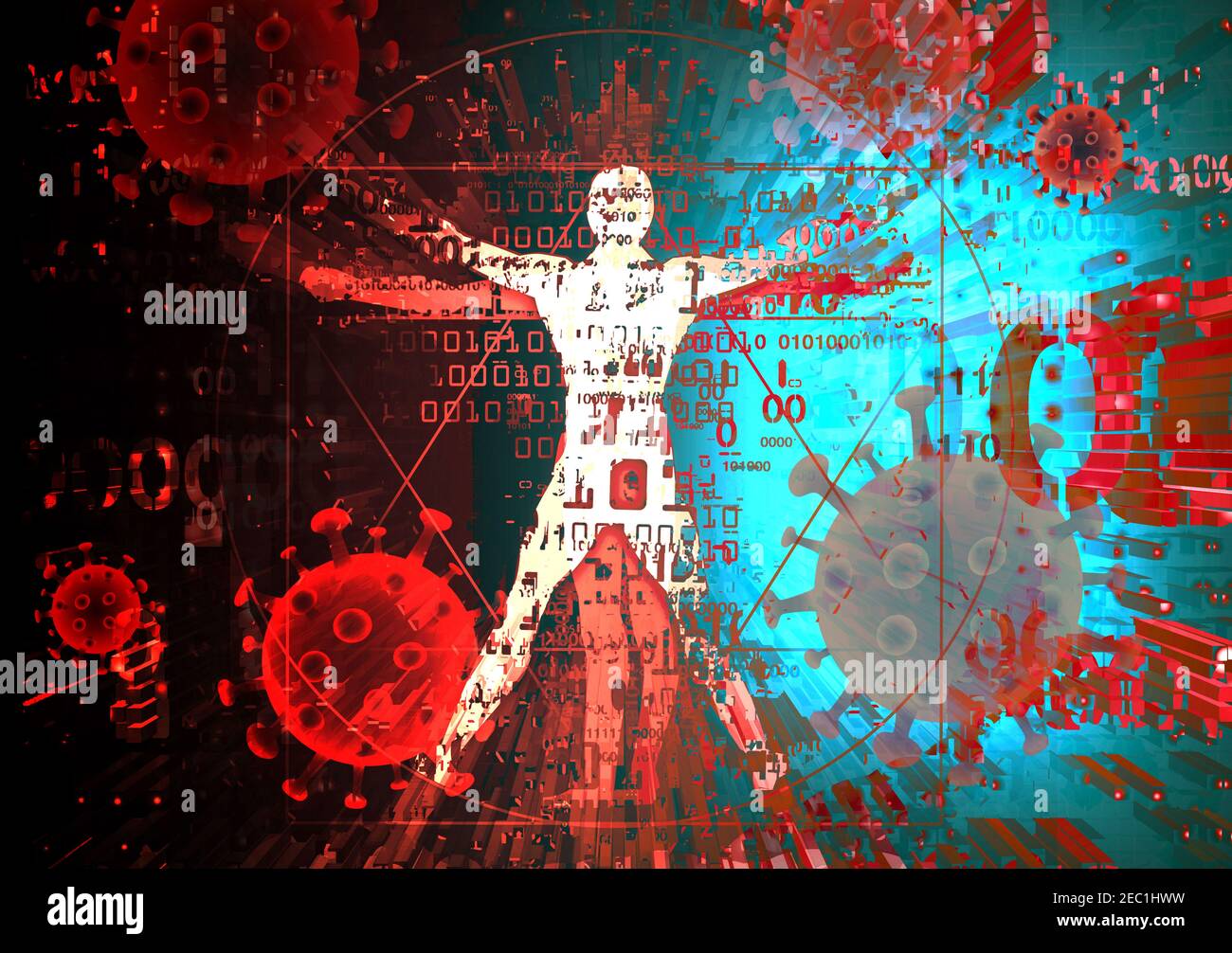 Vitruvian man of modern age, victim of coronavirus pandemic, human tragedy.  Expressive colorful Illustration of vitruvian man with a binary codes. Stock Photo