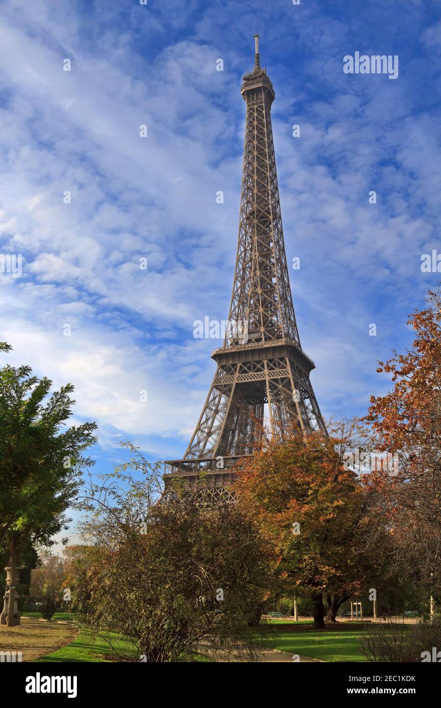 Paris in Autumn.  The Eiffel Tower and fall colors in the Champs de Mars. Stock Photo